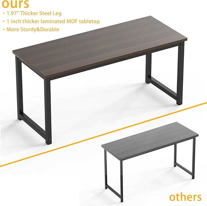 NSdirect Large Office Desk for Home Office, Large 63” Computer Desk Table, Wide Writing Study Desk for 2 Person, Metal Sturdy Frame Thicker Steel Legs, Black Chocolate - LeafyLoom