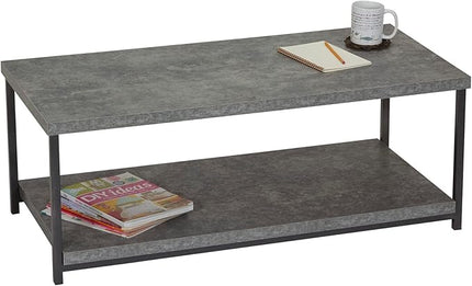 Household Essentials Jamestown Rectangular Coffee Table with Storage Shelf Rustic Slate Concrete and Black Metal, Grey - LeafyLoom