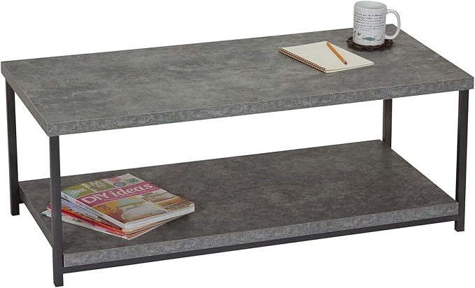 Household Essentials Jamestown Rectangular Coffee Table with Storage Shelf Rustic Slate Concrete and Black Metal, Grey - LeafyLoom
