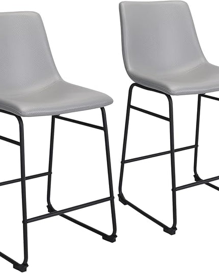 Bar Stools Set of 2, 26 Inches Bar Stool with Back, Carbon Fiber Bar Chair with Metal Legs (Light Grey) - LeafyLoom