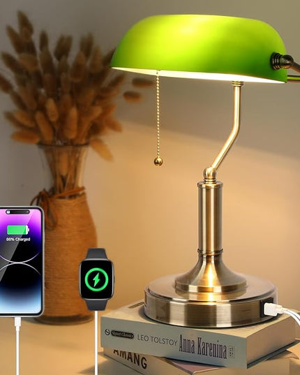 Bankers Lamp, Green Desk Lamp with Pull Chain Switch, Retro Lamp with USB and Type C Charging Ports, Vintage Lamp for Home Office, Piano, Library, LED Bulb Included (Retro) - LeafyLoom