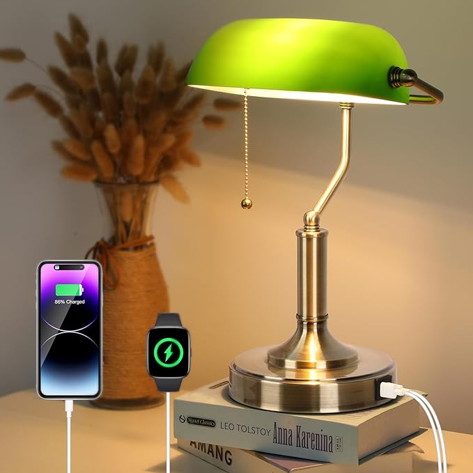 Bankers Lamp, Green Desk Lamp with Pull Chain Switch, Retro Lamp with USB and Type C Charging Ports, Vintage Lamp for Home Office, Piano, Library, LED Bulb Included (Retro) - LeafyLoom