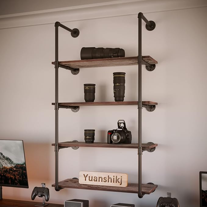 Yuanshikj (56" Tall Industrial Pipe with 31" Solid Wood Shelf/Shevles/Shelving Bookshelf/Bookcase Metal Iron Pipe Rustic Open DIY Display Wall Mounted for Living/Bed/Office Room Decor Storage - LeafyLoom