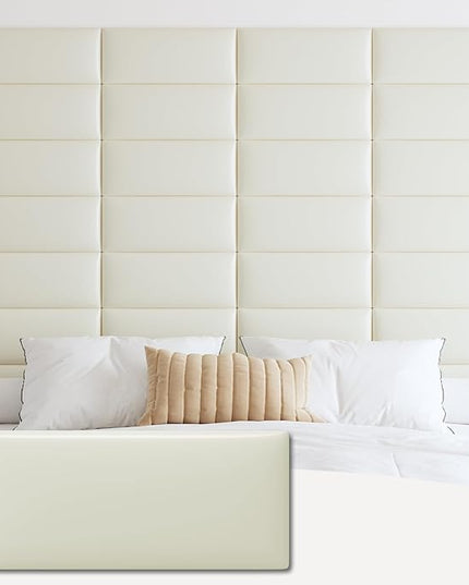 Wall Mounted Upholstered Headboard Full, 3D Peel and Stick Soundproof Wall Panels, Reusable and Removable Padded Headboard Leather Bed Headboard, 6 Panels Headboard 9.84" x 23.62", White - LeafyLoom