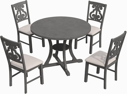 NicBex Dining Room Table Set for 4 Dining Table with Chairs 5-Piece Round Dining Table and 4 Fabric Chairs with Special-Shaped Table Legs and Storage Shelf, Gray - LeafyLoom