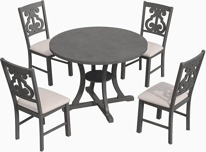 NicBex Dining Room Table Set for 4 Dining Table with Chairs 5-Piece Round Dining Table and 4 Fabric Chairs with Special-Shaped Table Legs and Storage Shelf, Gray - LeafyLoom