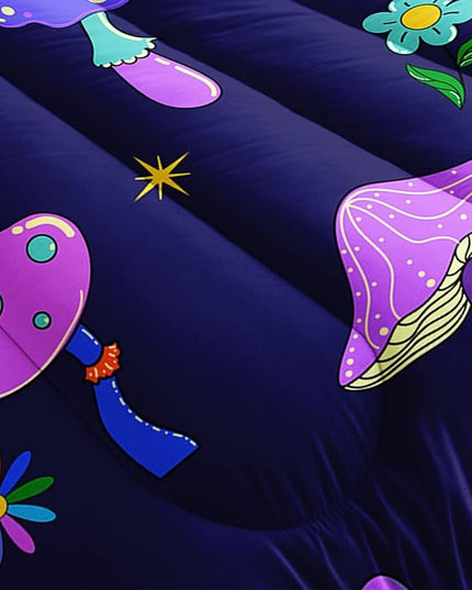 Colorful Mushroom Comforter Set Full Size Kids Trippy Mushroom Bedding Set Hippy Star Eye Theme Quilt Bed Set for Boys Girls Adults with 1 Comforter and 2 Pillowcases - LeafyLoom