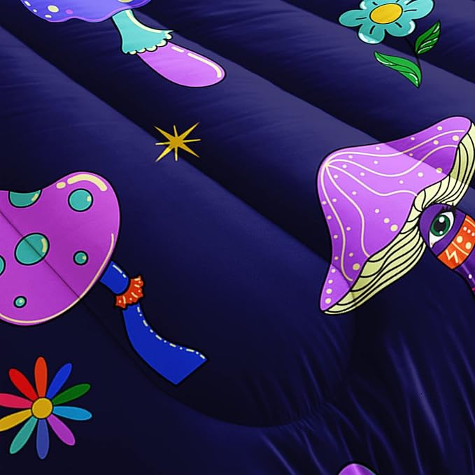 Colorful Mushroom Comforter Set Twin Size Kids Trippy Mushroom Bedding Set Hippy Star Eye Theme Quilt Bed Set for Boys Girls Adults with 1 Comforter and 2 Pillowcases - LeafyLoom