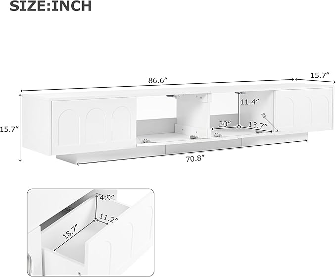 Merax TV Stand for Televisions Up to 95'', Functional Media Console with APP-Controlled Smart LED Light, Arched Cabinet Doors and Fluted Glass Doors, Entertainment Center, for Living Room, White - LeafyLoom