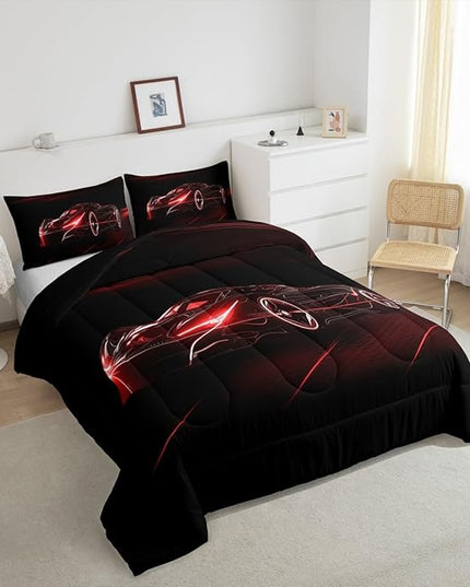 Feelyou Red Race Car Bedding Set Queen Size for Kids Boys Extreme Sport Games Comforter Set Teens Toddler Fast and Furious Duvet Set Cool Modern Quilt Set 3Pcs - LeafyLoom