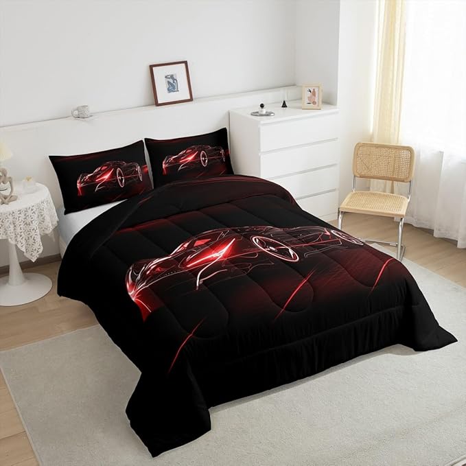 Feelyou Red Race Car Bedding Set Full Size for Kids Boys Extreme Sport Games Comforter Set Teens Toddler Fast and Furious Duvet Set Cool Modern Quilt Set 3Pcs - LeafyLoom