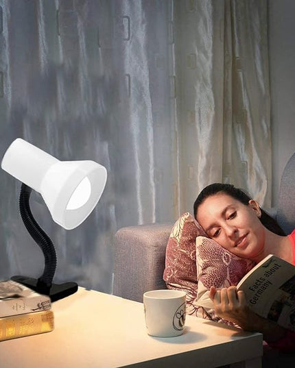 Xtricity clamp Light, Clip on Desk lamp with Adjustable Gooseneck, Clip lamp for Bed 6W A19 LED Bulb Included, 120V, Convenient On/Off Switch, White Finish - LeafyLoom
