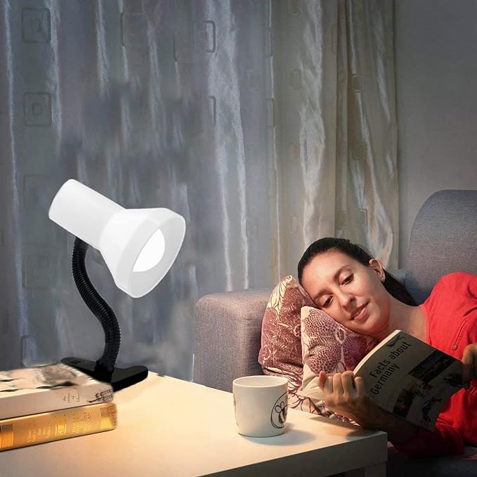 Xtricity clamp Light, Clip on Desk lamp with Adjustable Gooseneck, Clip lamp for Bed 6W A19 LED Bulb Included, 120V, Convenient On/Off Switch, White Finish - LeafyLoom