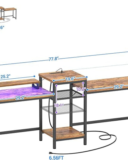 Unikito Double Computer Desk with LED Strip and Power Outlet, 2 Person Desk with Monitor Stand and Storage, Ergonomic Computer Desk with Printer Stand for Home Office, Long Gaming desk, Rustic Brown - LeafyLoom