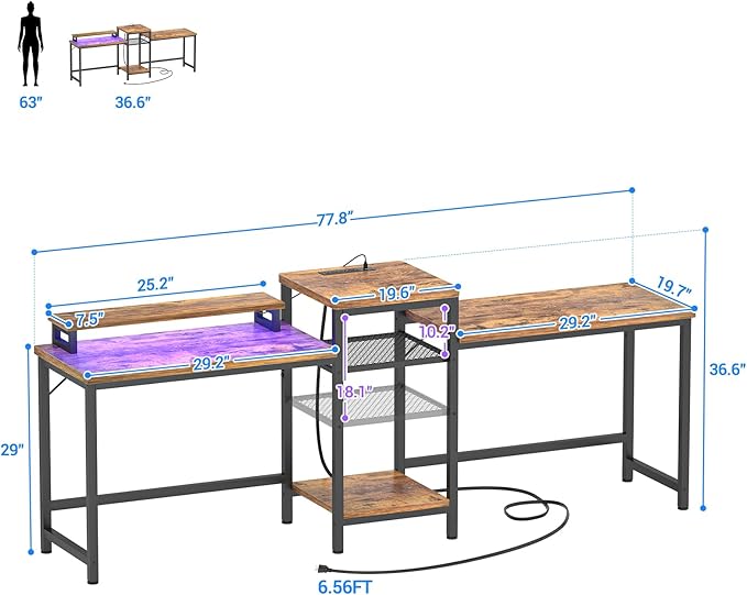 Unikito Double Computer Desk with LED Strip and Power Outlet, 2 Person Desk with Monitor Stand and Storage, Ergonomic Computer Desk with Printer Stand for Home Office, Long Gaming desk, Rustic Brown - LeafyLoom