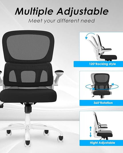 Soohow Ergonomic Home Office Chair, Mesh Desk Chair with Lumbar Support, Comfy Computer Desk Chair with Flip Armrest Rolling Wheels, White. - LeafyLoom