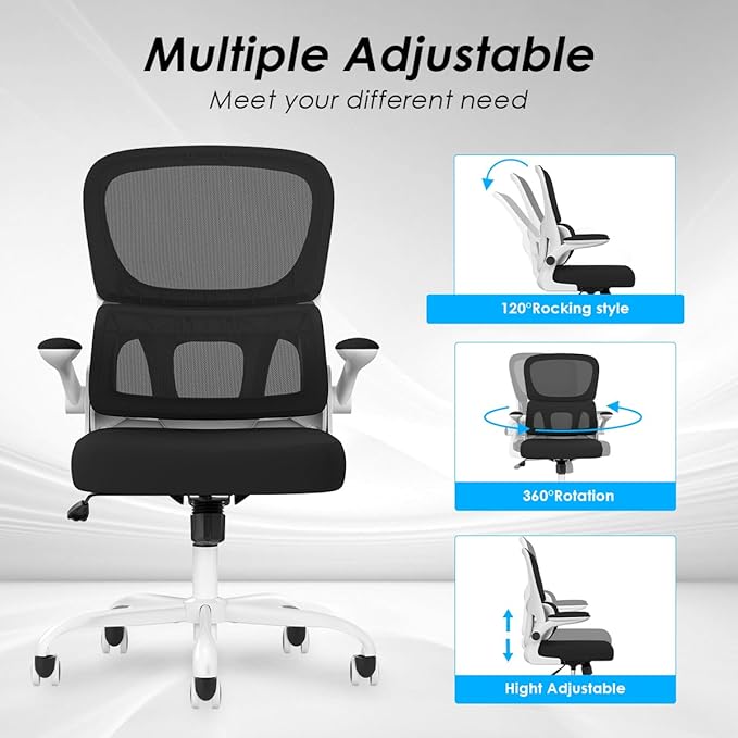 Soohow Ergonomic Home Office Chair, Mesh Desk Chair with Lumbar Support, Comfy Computer Desk Chair with Flip Armrest Rolling Wheels, White. - LeafyLoom