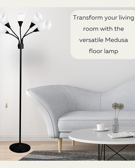 Modern Multi-Head Medusa Floor Lamp - 5 Light Standing Lamp for Bedroom and Living Room with Positionable Acrylic White Shades & 3-Light Mode Switch - Tall Black Floor Lamp for Living Room Decor - LeafyLoom