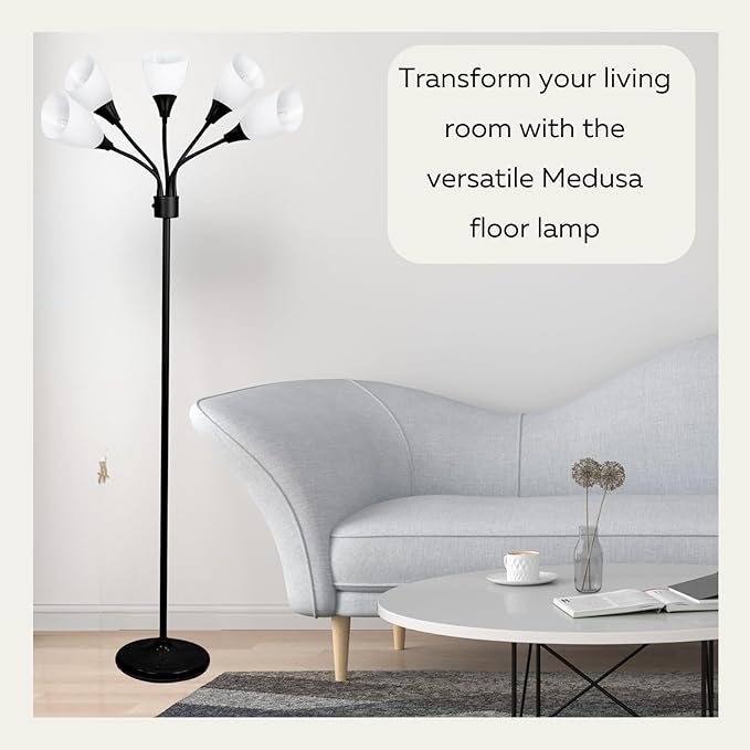 Modern Multi-Head Medusa Floor Lamp - 5 Light Standing Lamp for Bedroom and Living Room with Positionable Acrylic White Shades & 3-Light Mode Switch - Tall Black Floor Lamp for Living Room Decor - LeafyLoom
