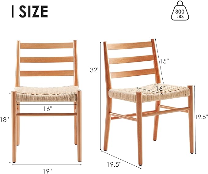 STARY Wood Rattan Dining Room Chairs Comfortable Woven Seat, Fully Assembled, Nature - Set of 2 - LeafyLoom