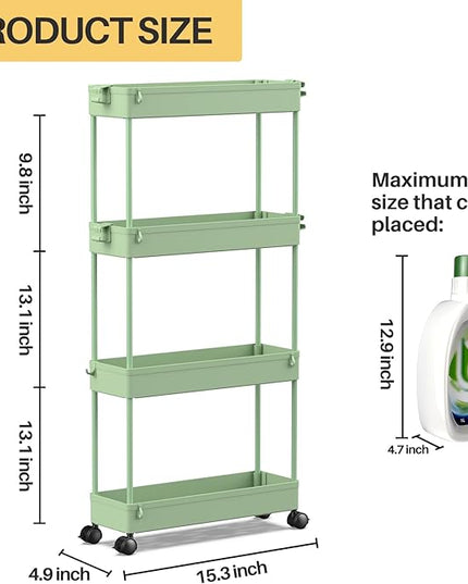 SPACEKEEPER Slim Rolling Storage Cart 4 Tier Bathroom Organizer Utility Cart Mobile Shelving Unit Tower Rack for Kitchen, Laundry Room, Bathroom, Narrow Places, Green - LeafyLoom