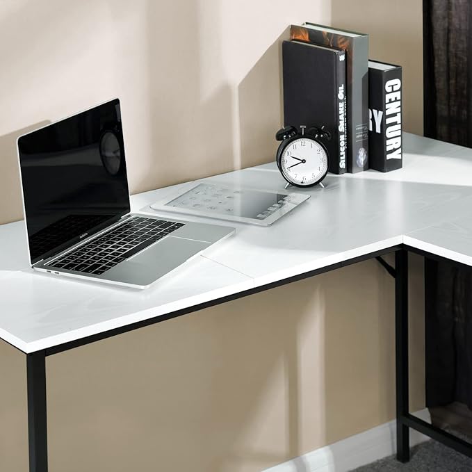 FurnitureR L-Shaped 58.3''Corner Computer Desk with Storage Shelf Long Gaming Desk for Home Office PC Workstation Saving Space Laptop Table (White and Black) - LeafyLoom