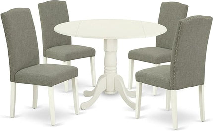 East West Furniture Dublin 5 Piece Kitchen Set includes a Round Dining Table with Dropleaf and 4 Dark Shitake Linen Fabric Upholstered Chairs, 42x42 Inch, DLEN5-LWH-06 - LeafyLoom