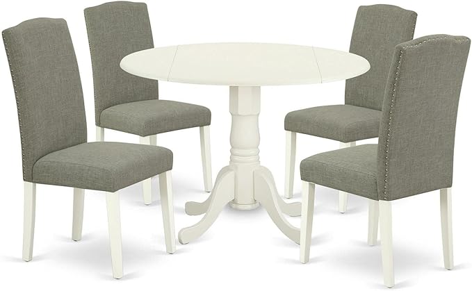 East West Furniture Dublin 5 Piece Kitchen Set includes a Round Dining Table with Dropleaf and 4 Dark Shitake Linen Fabric Upholstered Chairs, 42x42 Inch, DLEN5-LWH-06 - LeafyLoom