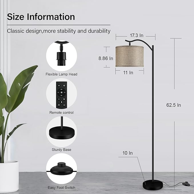 BoostArea Floor Lamp for Living Room,Arc Floor Lamp with Remote Control,Stepless Dimmable Brightness & Colors Temperature 2700k-6500k,Modern Standing Lamp for Bedroom Study Room Office,Jute - LeafyLoom