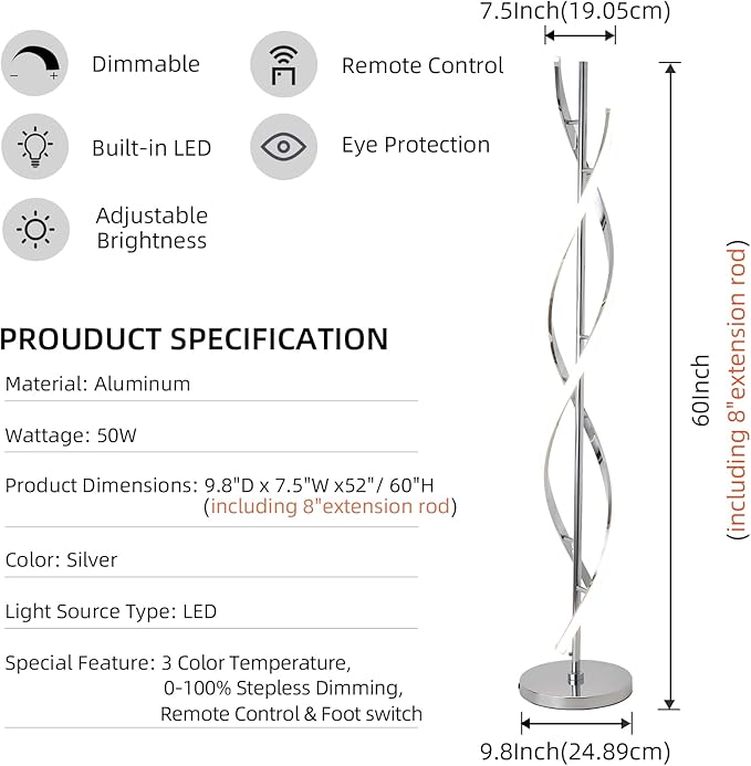 ADISUN 40W LED Modern Floor Lamp Remote Control Dimmable Spiral Floor Lamp Indoor Tall Lamp Floor Lamp for Living Rooms Family Rooms Bedrooms Offices Lighting (Silver) - LeafyLoom