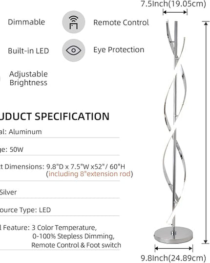 LED Modern Floor Lamp for Living Room, 40W 3 Colors Stepless Dimmable and Color-Changing Bright Floor Standing Lamp,60" Unique Spiral Floor Tall Lamp for Bedroom Office with Remote,Chrome - LeafyLoom