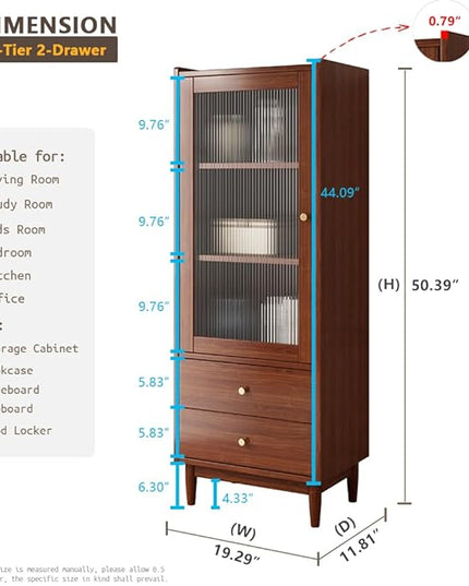 Wooden Glass Door Bookcase - 3-Tier Cube Bookshelf Storage Cabinet with Double Drawer and Adjustable Shelf, Solid Wood Legs Cupboard in Dark Walnut - LeafyLoom