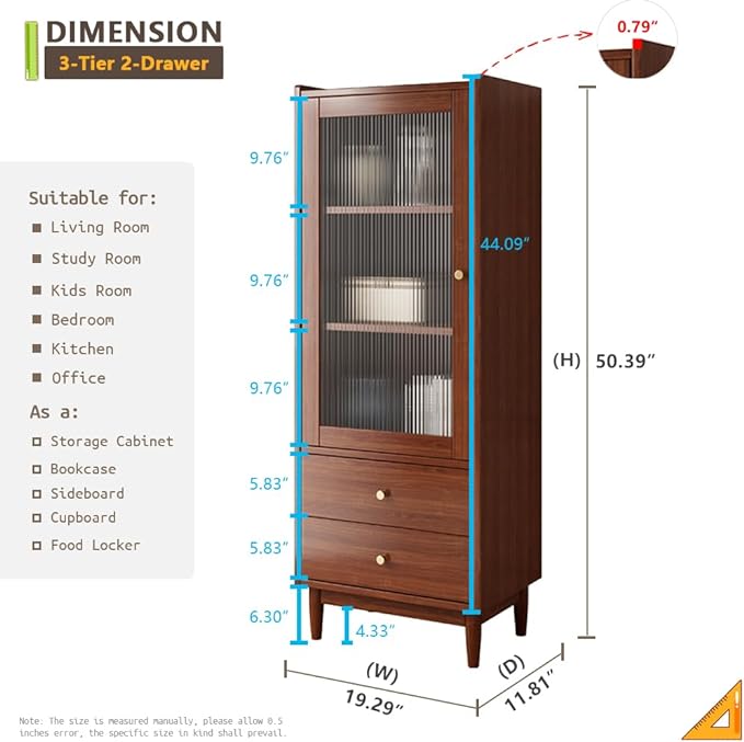 Wooden Glass Door Bookcase - 3-Tier Cube Bookshelf Storage Cabinet with Double Drawer and Adjustable Shelf, Solid Wood Legs Cupboard in Dark Walnut - LeafyLoom