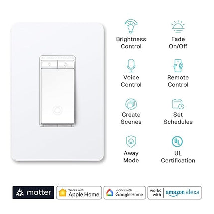Kasa Matter Smart Dimmer Switch: Voice Control w/Siri, Alexa & Google Assistant | UL Certified | Timer & Schedule | Easy Guided Install | Neutral Wire Required | Single Pole | 2.4GHz Wi-Fi | KS225 KasaSmartbyTP-Link