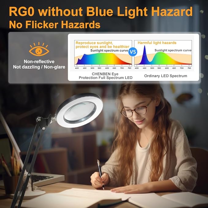 CHENBEN 10X Magnifying Glass with Light desk lamp 5 Color Modes Dimmable 2-in-1 Magnifying Glass with Light and Stand Adjustable LED Desk Lamp Hands Free for Reading Craft Repair Close Work - LeafyLoom