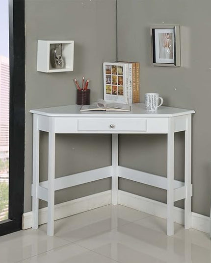 Kings Brand Furniture - Hastings Wood Home & Office Corner Desk with Drawer, White - LeafyLoom