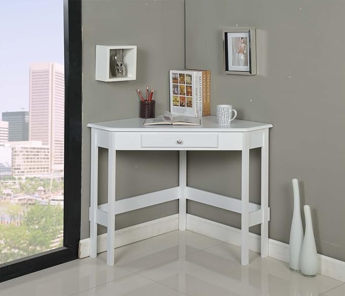 Kings Brand Furniture - Hastings Wood Home & Office Corner Desk with Drawer, White - LeafyLoom