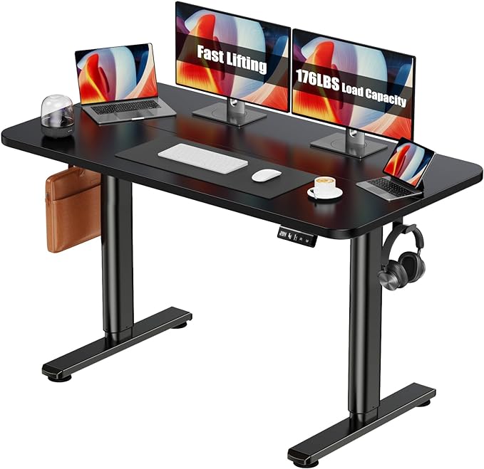 Electric Standing Desk Adjustable Height Stand Up Desk, 48" x 24" Sit Stand Desk, Low Noise Home Office Desk, Computer Desk with Splice Board, Child Lock & Memory Function, Black - LeafyLoom