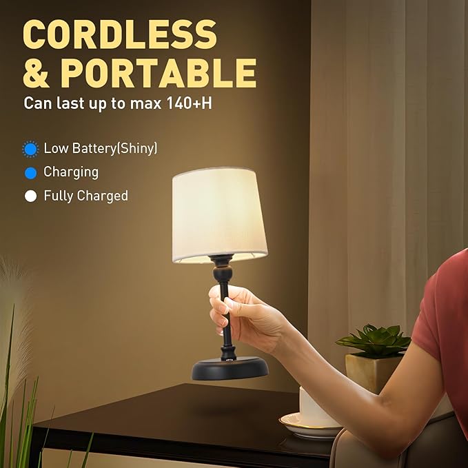 Cordless LED Table Lamp, 6000mAh Rechargeable Bedside Night Lamp for Bedroom, Portable Touch Stepless Dimmable Battery Operated Lamp, Ambient Light for Patio Restaurant(Black S) - LeafyLoom