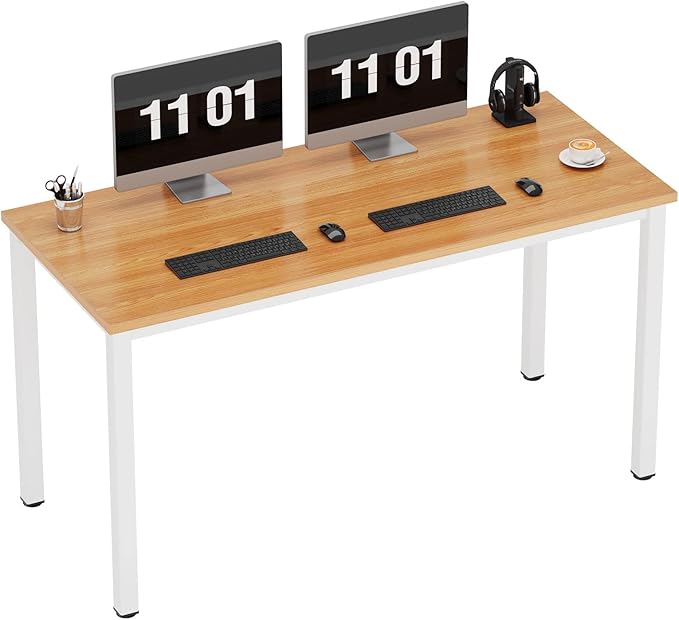 Need 55 Inch Large Computer Desk - Modern Simple Style Home Office Gaming Desk, Basic Writing Table for Study Student, White Metal Frame, Teak - LeafyLoom