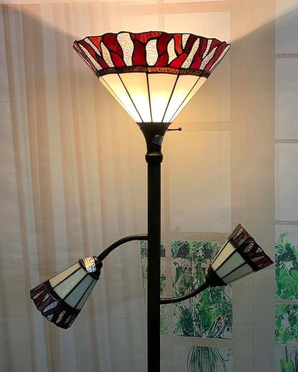 Bieye L10838 Fire Flame Tiffany Style Stained Glass Torchiere Floor Lamp with Sidelights for Reading, 70-inches Tall (Flame, Red) - LeafyLoom