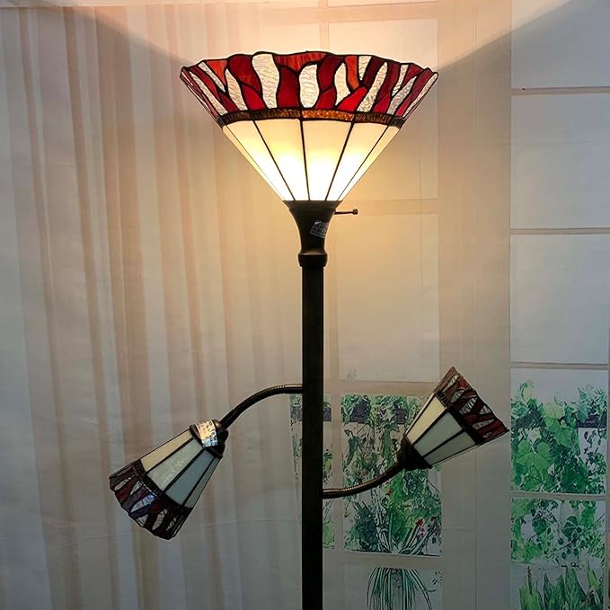 Bieye L10838 Fire Flame Tiffany Style Stained Glass Torchiere Floor Lamp with Sidelights for Reading, 70-inches Tall (Flame, Red) - LeafyLoom