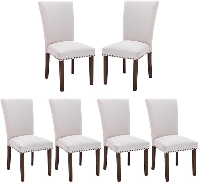 COLAMY Upholstered Fabric Dining Chairs Set of 6, High Back Padded w/Nailed Trim & Solid Wood Legs, Classic Parsons Side Chair for Home/Kitchen/Living Room-Beige - LeafyLoom