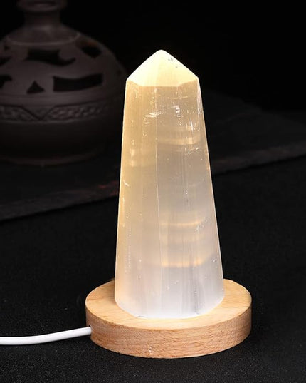 JIC Gem USB Selenite Lamp Hexagonal Crystal Points Selenite Tower Lamp Morocco Skyscraper 4 Inch with Wooden Light Stand Base - LeafyLoom