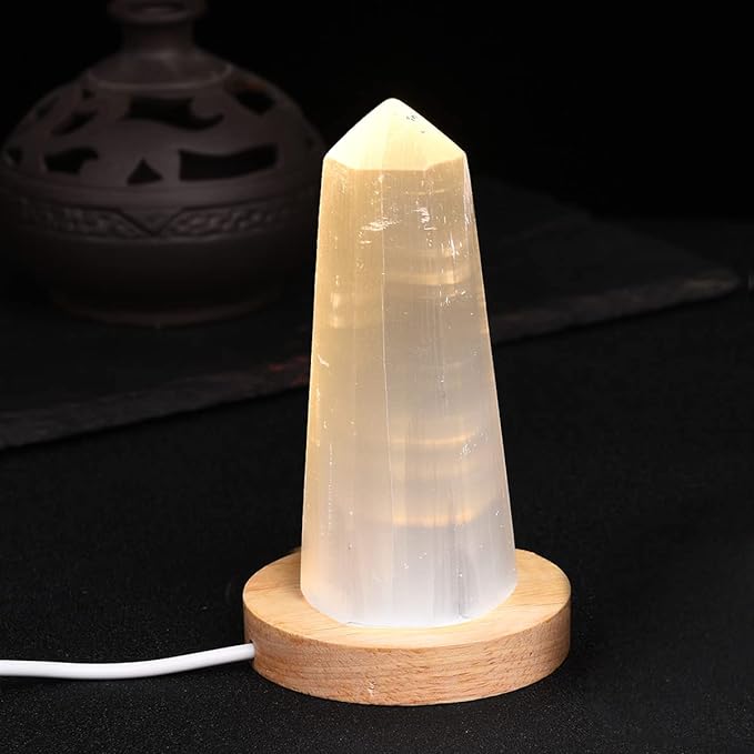 JIC Gem USB Selenite Lamp Hexagonal Crystal Points Selenite Tower Lamp Morocco Skyscraper 4 Inch with Wooden Light Stand Base - LeafyLoom