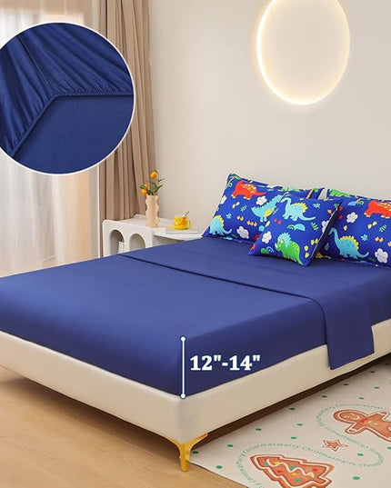 Dinosaur Comforter Set for Boys, 6 Pcs Bed in a Bag Twin Blue Dinosaur Wild Park Jungle Print Kids Bedding Set with Sheets - LeafyLoom