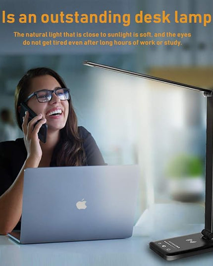 LED Desk Lamp with Wireless Charger, USB Charging Port, Dimmable Eye-Caring Desk Light with 5 Brightness Levels & 5 Lighting Modes, Touch Control, Auto Timer (Black) - LeafyLoom