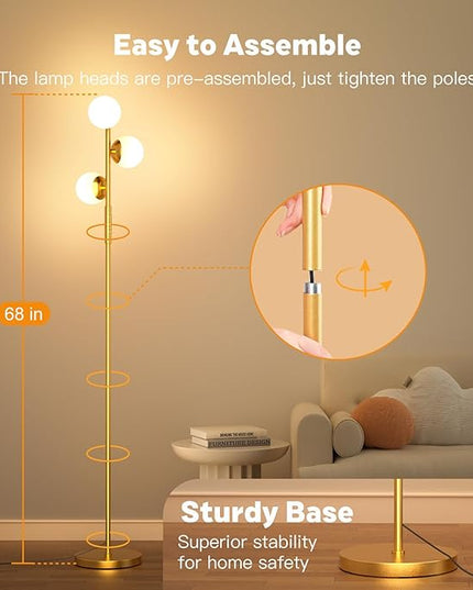 LED Floor Lamp for Living Room, 3 Globe Bright Standing Lamp with Remote, 4 Color Temterapure Dimmable Bedroom Lamp Modern Floor Lamp for Living Room Bedroom Office, 30W, 2700-6500K, Gold - LeafyLoom