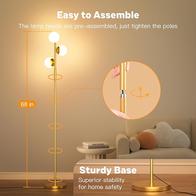 LED Floor Lamp for Living Room, 3 Globe Bright Standing Lamp with Remote, 4 Color Temterapure Dimmable Bedroom Lamp Modern Floor Lamp for Living Room Bedroom Office, 30W, 2700-6500K, Gold - LeafyLoom