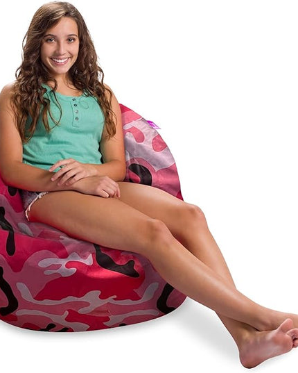 Posh Creations Structured Comfy Bean Bag Chair for Gaming, Reading and Watching TV, Sonoma Lounge, Nylon - Camo Pink and Black - LeafyLoom